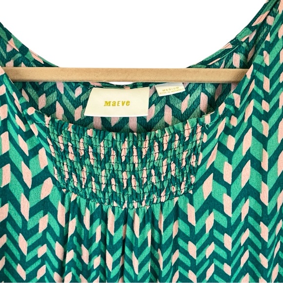 Anthropologie Maeve Evaline Dress Green Peach Chevron Pattern Smocking Sz M - Picture 9 of 13